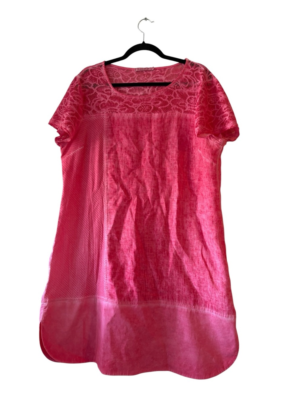 Maloka Pink Linen Blend Shift Dress with Lace Yoke Short Sleeve Size Small - Picture 2 of 12